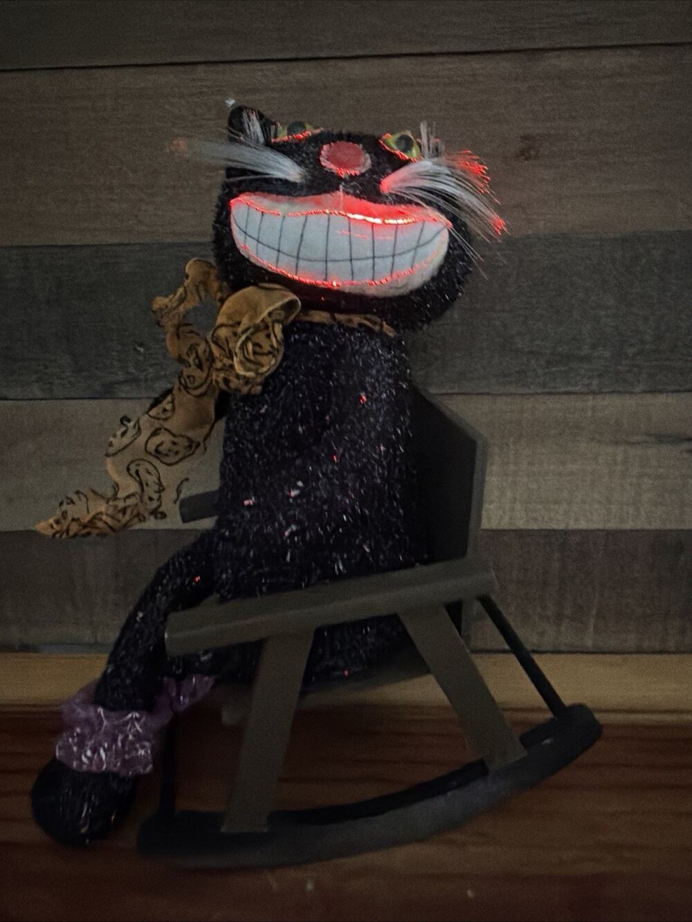 VTG Fiber Optic Halloween Black Cat Sitting Wood Chair Battery Operated -read